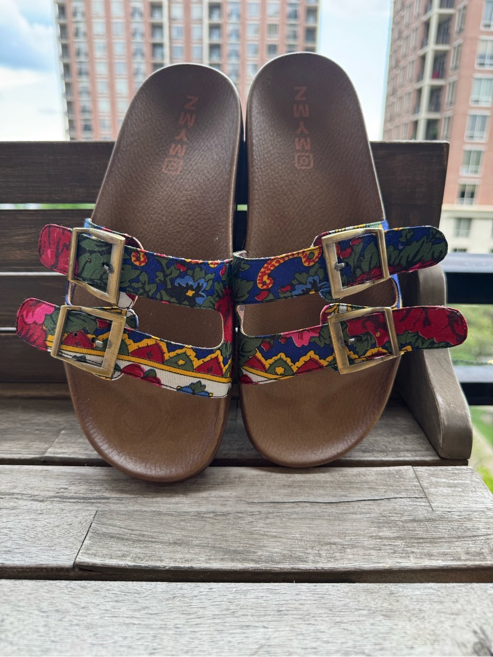 Brown Footbed Slide Sandals with Multicolor Floral Straps
